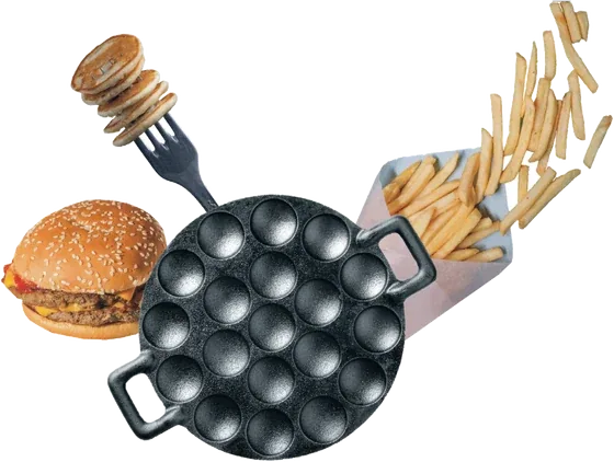 Poffertjespan met poffertjes, hamburger en friet
